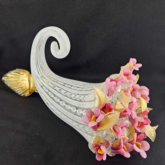 Rare Murano latticino cornucopia w pink hand blown flowers decor 13" Read pls - Picture 1 of 8